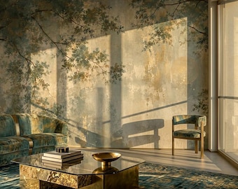 Sage Green Misty Gold Wallpaper for Living Room Kitchen Bedroom Kids Room Bathroom, Chinoiserie Lake Wall Mural Antique Full Moon Peel Stick