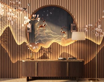 3D Wood Slat Deer Mural for Living Room Kitchen Bedroom Kids Room Bathroom, Asian Mountain Wallpaper, Cherry Blossom Peel Stick Canvas