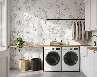 Laundry Room Wallpaper Floral Line Art Mural, Botanical Sketch Wall Decor for Laundry Room, White Black Peel and Stick Laundry Mural