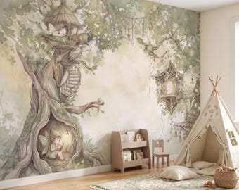Soft Sage Green Fairy Treehouse Wallpaper for Kids Room, Whimsical Nursery Wall Mural, Watercolor Elf Princess Peel Stick Removable Paper