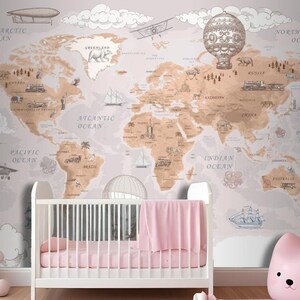 Carte du monde rétro, montgolfières et avions, café, chambre d'enfants, garçons filles, chambre d'enfants, papier peint mural
