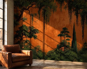Mural de bosque texturizado en naranja quemado, papel tapiz autoadhesivo Ancient Green Grove, decoración botánica rústica de tamaño personalizado para interiores de estilo Dark Academia.