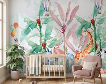 Watercolor Safari Animals Wallpaper for Kids Room, Giraffe Zebra Hippo Mural, Hot Air Balloon Nursery Decor, Peel and Stick Textile Canvas