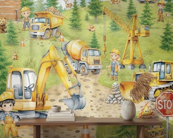 Decoración de pared infantil con temática de obra en construcción, lámina de acuarela con animales y camiones, ideal para la habitación de los niños pequeños constructores, fácil de pegar y despegar, murales de una sola pieza.