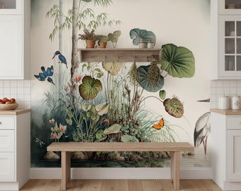 Papel pintado de cocina verde y blanco autoadhesivo, mural de pared botánico con pájaros, decoración de pared con naturaleza de estanque tropical, papel pintado removible con grulla exótica