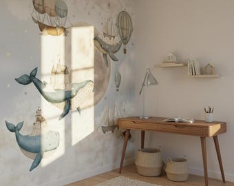 Papel pintado autoadhesivo personalizado para habitación infantil con ballenas, castillos, globos aerostáticos y veleros - Lienzo de una sola pieza