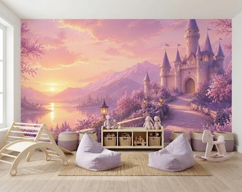Sunset Pink Fairytale Castle Wallpaper for Kids Room, Lavender Floral Pathway Mural, Glowing Sunset Lake Decor, Peel and Stick Wallpaper