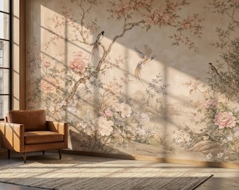 Chinoiserie Bird Wallpaper for Living Room, Vintage Peony Blossom Mural, Beige Botanical Asian Decor, Peel and Stick Bedroom Wallpaper