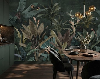 Dark Emerald Green Tropical Jungle Wallpaper, Moody Rainforest Leaf Mural, Exotic Hummingbird and Botanical Palm Art, Peel and Stick