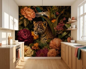 Dark Floral Leopard Wallpaper for Living Room, Moody Jungle Botanical Mural, Exotic Bird Peony Decor, Black Background Peel and Stick