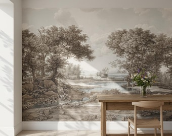 Beige Sepia Kitchen Wallpaper Peel and Stick, Vintage Landscape Mural, Antique Forest Wall Decor, Etching Nature Removable Wall Paper Mural