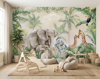 Safari Animal Family Wallpaper for Kids Room, Watercolor Jungle Mural with Elephant Zebra Giraffe, Nursery Peel and Stick Wallpaper