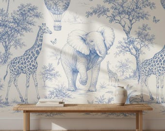 Papel pintado Blue Safari Toile, mural de pared infantil de animales, papel pintado para guardería con elefantes, jirafas y globos aerostáticos, autoadhesivo - Lienzo de una sola pieza