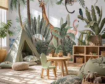 Papel pintado autoadhesivo verde con diseño de océano azul para habitación infantil, mural de animales de safari con flamenco y jirafa para bebés y niños, papel pintado removible con diseño de jungla.