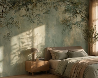 Mural de pared completo "Dosel de salvia brumosa", papel tapiz autoadhesivo de hojas colgantes en acuarela, decoración serena estilo Japandi, arte de la naturaleza Wabi Sabi.