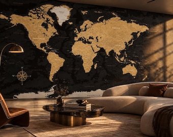 Black Gold World Map Wallpaper for Office, Study Room Political Map Mural, Home Library Executive Peel and Stick Wall Decor