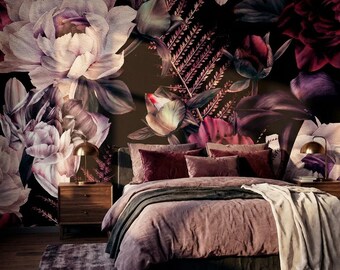 Dark Floral Wallpaper for Living Room, Moody Peony Mural, Black Background Burgundy Blush Botanical Decor, Peel and Stick Wallpaper