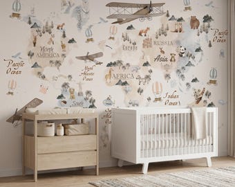World Map Wallpaper for Kids Room, Educational Animal Continent Mural, Vintage Travel Nursery Decor, Peel and Stick Playroom Wallpaper