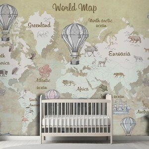 Carta da parati murale per cameretta dei bambini con mappa del mondo educativa ad acquerello, per ragazzi e ragazze