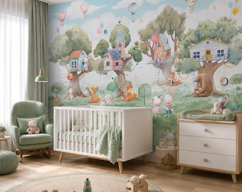 Papel pintado verde y azul para habitación infantil, autoadhesivo; mural de casa en el árbol en acuarela para guardería infantil y de bebés; decoración con animales del bosque.