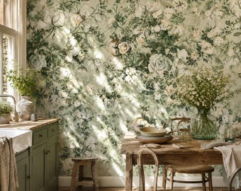 Papel pintado de cocina verde y blanco autoadhesivo, mural floral de rosas vintage, papel pintado removible de flores estilo shabby chic