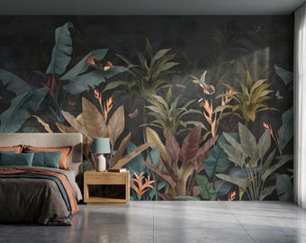 Dark Moody Tropical Jungle Wallpaper, Vintage Botanical Night Forest Mural, Hummingbird Butterfly Palm Leaf Art, Peel Stick Canvas
