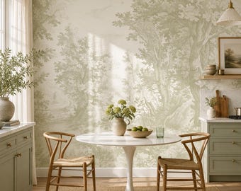 Sage Green Kitchen Wallpaper Peel and Stick, Vintage Engraved Forest Wall Mural, Toile de Jouy Removable Wallpaper for Home