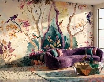 Pastel Cream Watercolor Bird Wallpaper, Teal Green Forest Wall Mural, Soft Violet Flowers and Orange Leaves Botanical Tree Peel Stick