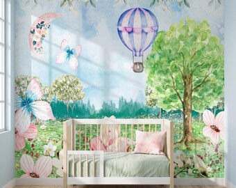 Kids Room Watercolor Meadow Wallpaper, Floral Moon Hot Air Balloon Nursery Mural, Pastel Butterfly Tree Art, Peel Stick Canvas
