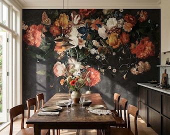 Dark Floral Wallpaper for Living Room, Dutch Master Botanical Mural, Black Background Rust Cream Decor, Peel and Stick Bedroom Wallpaper