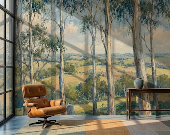 Impressionist Eucalyptus Landscape Wallpaper for Living Room Kitchen Bedroom Kids Room Bathroom, Vintage Tree Oil Paint Peel Stick Canvas