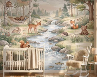 Sage Green Woodland Wallpaper for Kids Room, Forest Creek Nursery Wall Mural, Watercolor Animals River Peel Stick, Playroom Removable Paper