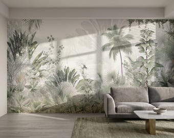 Misty Tropical Jungle Wallpaper for Living Room, Foggy Palm Leaf Mural, Soft Green Botanical Decor, Peel and Stick Bedroom Wallpaper