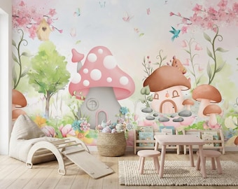 Pastel Pink Fairy Mushroom House Wallpaper, Soft Green Magical Garden Nursery Mural, Watercolor Floral Kids Art, Peel and Stick Wallpaper