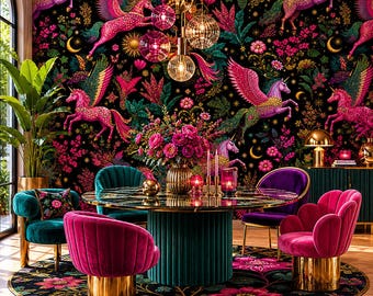 Papel pintado de unicornio rosa, mural de pared autoadhesivo celestial dorado, decoración para sala de estar, dormitorio, habitación infantil, baño, comedor y oficina.