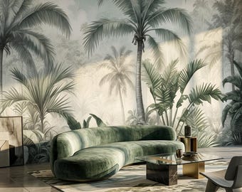 Exotic Palm Tree Wallpaper for Living Room Kitchen Bedroom Kids Room Bathroom, Soft Green Jungle Wall Mural, Botanical Tropical Peel Stick