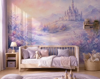 Papel pintado de acuarela del castillo congelado de Elsa para la habitación infantil de niñas, mural de pared autoadhesivo y removible - Lienzo texturizado de una pieza