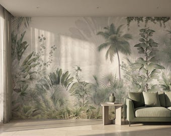 Sage Green Misty Tropical Jungle Wallpaper, Vintage Foggy Rainforest Wall Mural, Soft Fan Palm Tree and Banana Leaf Art, Peel Stick