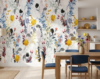 Colorful Wildflower Wallpaper for Living Room, Modern Botanical Meadow Mural, White Background Floral Decor, Peel and Stick Wallpaper