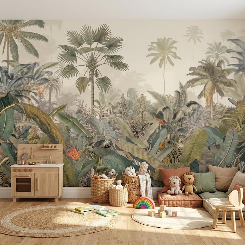 Tropical Jungle Wallpaper Mural Peel and Stick Palm Trees Banana Leaves ...