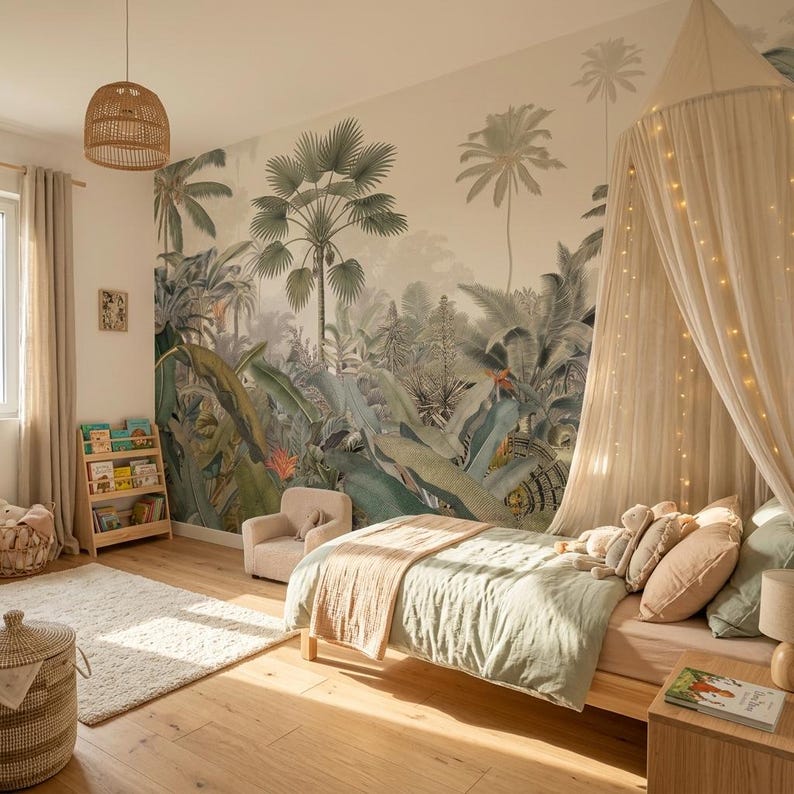 Tropical Jungle Wallpaper Mural Peel and Stick Palm Trees Banana Leaves ...
