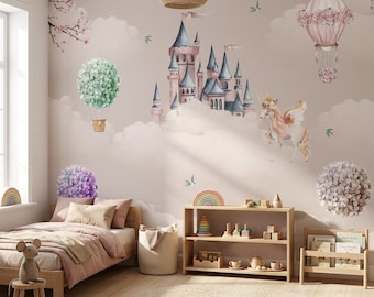 Soft Beige Fairytale Castle Wallpaper for Kids Room, Dusty Pink Floral Balloon Nursery Mural, Unicorn Cloud Decor, Peel Stick