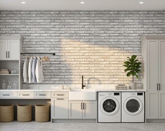 White Brick Wallpaper for Laundry Room, Faux Exposed Brick Mural, Industrial Farmhouse Laundry Decor, Peel and Stick Wall Covering