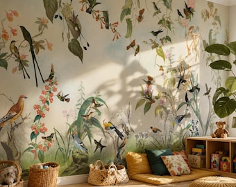 Papel pintado verde crema para habitación infantil, autoadhesivo; mural de pared con pájaros coloridos para niños y bebés; papel pintado floral botánico vintage removible.