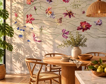Papel pintado de cocina gris y morado autoadhesivo, mural floral en acuarela, decoración floral de hormigón para pared, papel pintado removible