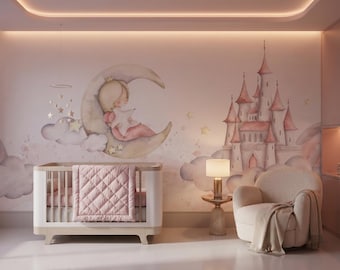 Weich Rosa Verträumte Prinzessin Schloss Tapete für Kinderzimmer, schlafendes Mädchen auf Mond Kinderzimmer Wandbild, Pastellregenbogen Kunst, Abziehen und Aufkleben Tapete