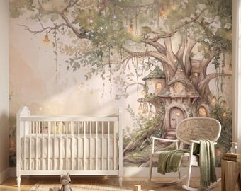 Sage Green Fairy Cottage Wallpaper for Kids Room, Whimsical Woodland Nursery Wall Mural, Watercolor Elf Treehouse Peel Stick Removable Paper