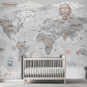 Papier peint mural carte du monde rétro, montgolfières et avions, chambre d'enfants, garçons, filles, chambre d'enfants