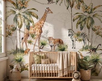 Mural de pared infantil beige con temática de safari, papel tapiz autoadhesivo de animales de la jungla en acuarela para habitación infantil, lienzo neutro para decoración de bebés y niños.