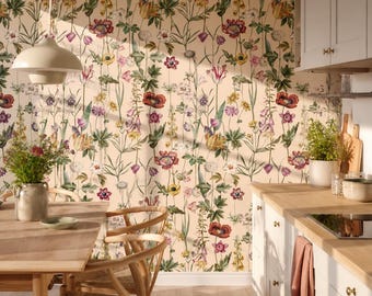 Creme Küchen Tapete zum Schälen und Aufkleben, Bunte Wildblumen Wandbild, Vintage Botanische Floral Abnehmbare Tapete für Zuhause